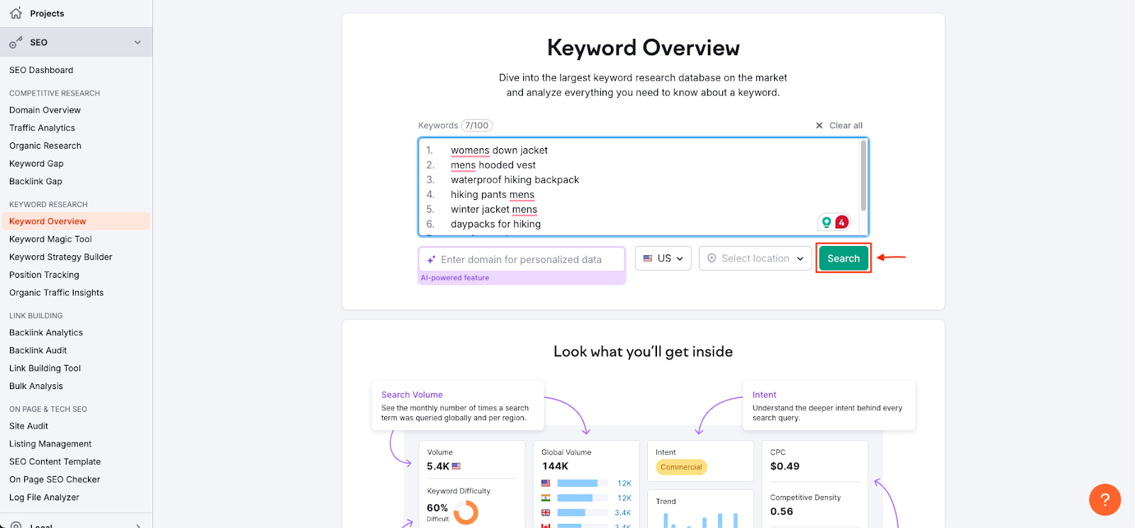 Semrush's keyword overview tool